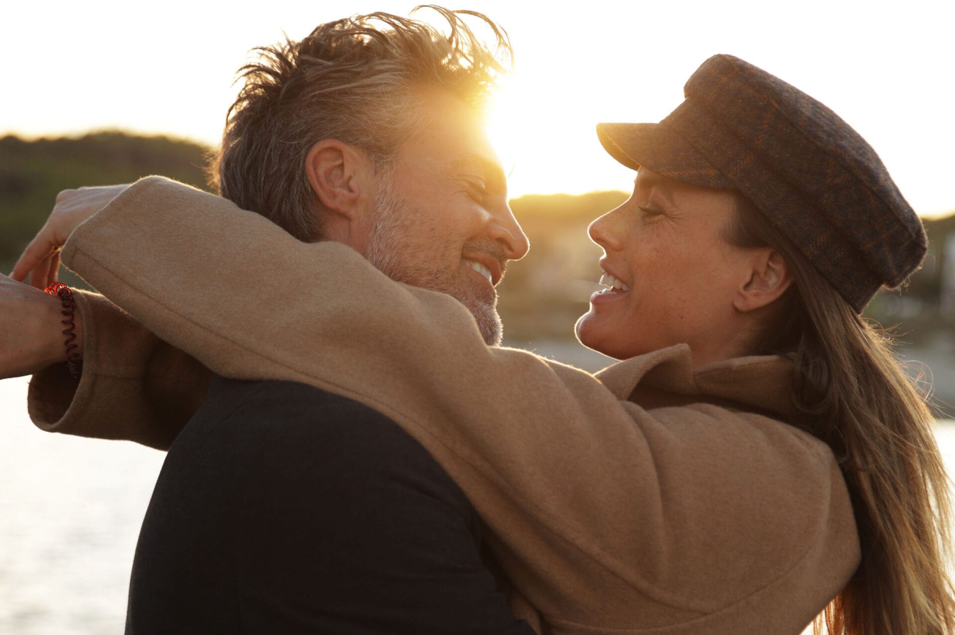 happy mallorca model couple smiling sunset